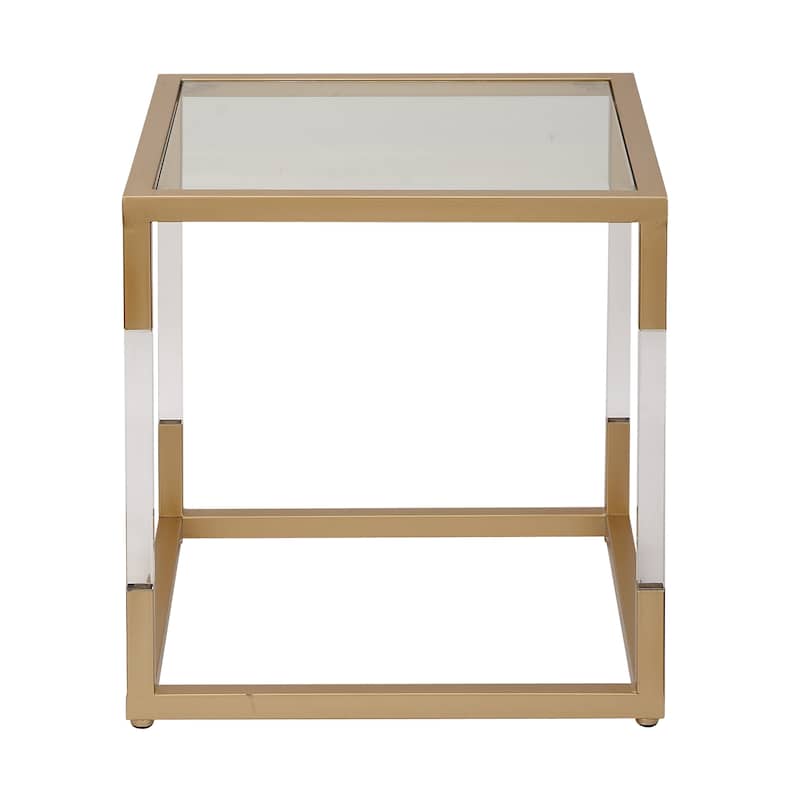 Metal Floral Cube Shaped Accent Table with Clear Glass Top and Acrylic Legs - Silver or Gold - Roche River Decor - Gold
