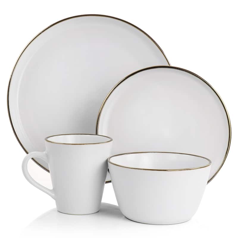 Elama Arthur 16 Piece Stoneware Dinnerware Set in Matte White with Gold Rim - 16 Piece Set