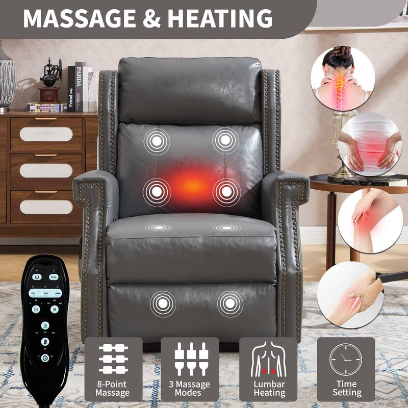 Roomfitters Manual Massage Recliner, Vintage Waxed Faux Leather Chair with Heat and 155-Degree Recline, Living Room