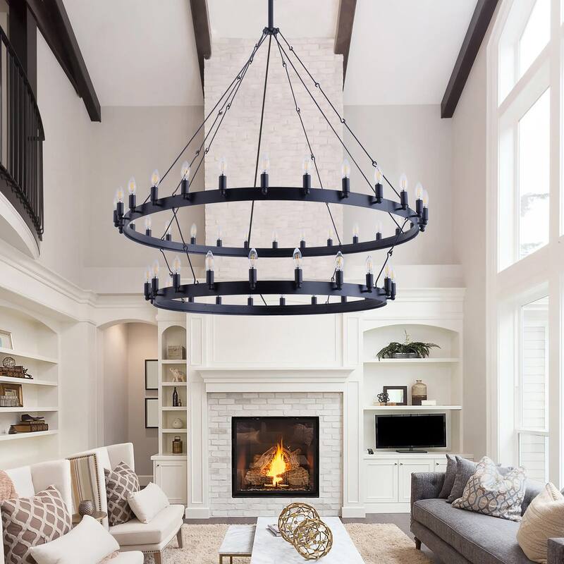 Industrial Black 48-Light Candle Style Wagon Wheel Chandelier