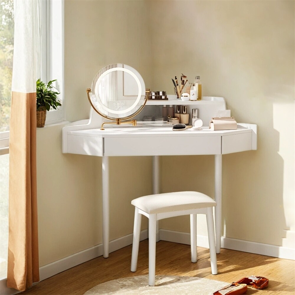 Modern Corner Makeup Vanity Desk with Large Storage,LED Mirror & Stool