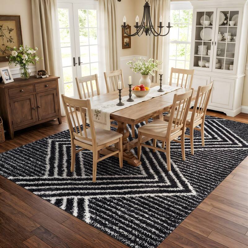 Abstract Geometric Shag Rug - Anthracite Dark Gray - Medium Pile Rug - Kid & Pet Friendly
