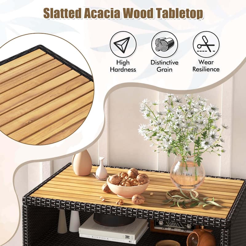 Costway Patio Rattan Storage Cabinet with Acacia Wood Countertop Open - See Details