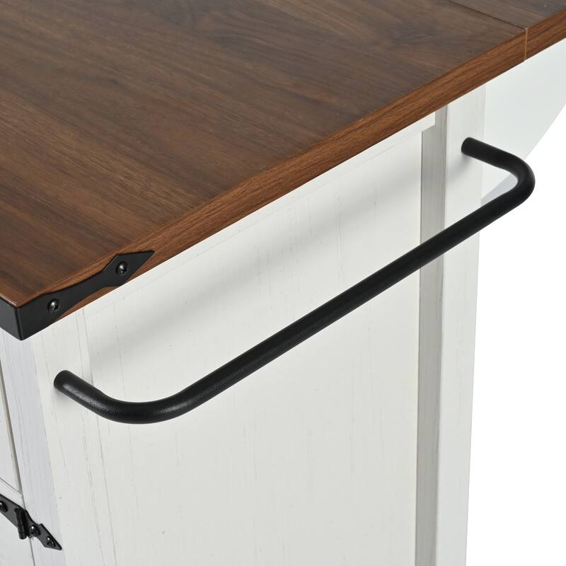 53.5'' Farmhouse Kitchen Trolley with Power Outlet, Drop Leaf, Spice Rack, and Drawers, Mobile Cart on Wheels