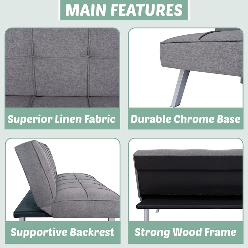 Modern Comfort Futon Sofa Bed - Tufted, Convertible, Linen Fabric, Sleeper Couch for Living Room or Guest Room