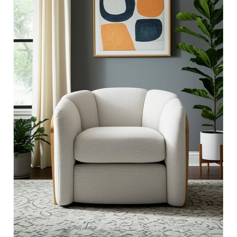 HomeRoots 34" Off White and Natural Fabric Wood And Rattan Swivel Arm Chair - 33.80 in. x 28.10 in. x 31.80 in.