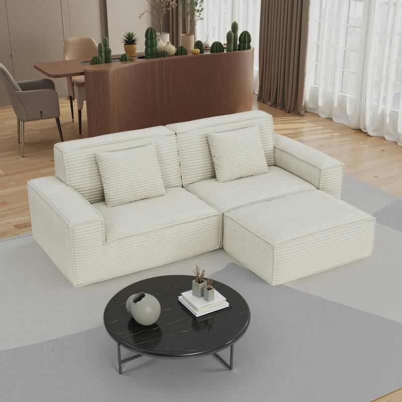 Anmytek Modern Large Striped Vacuum Compressed Full Sponge High Rebound Straight Sofa with Footstool Beige