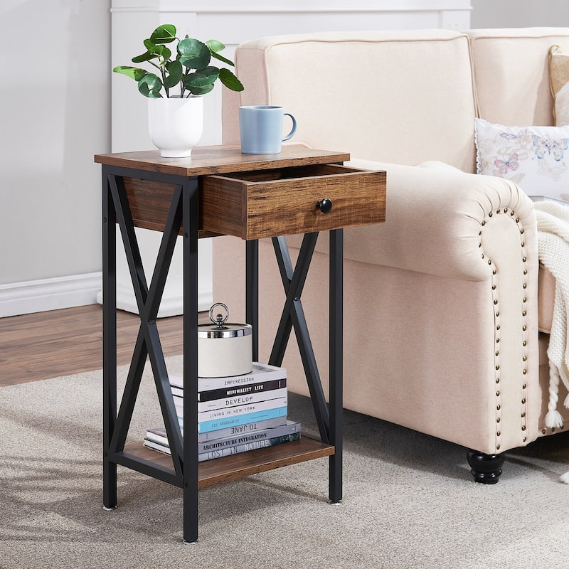 Javlergo Tall Side End Table, Modern Nightstand with Storage Shelf and Drawer