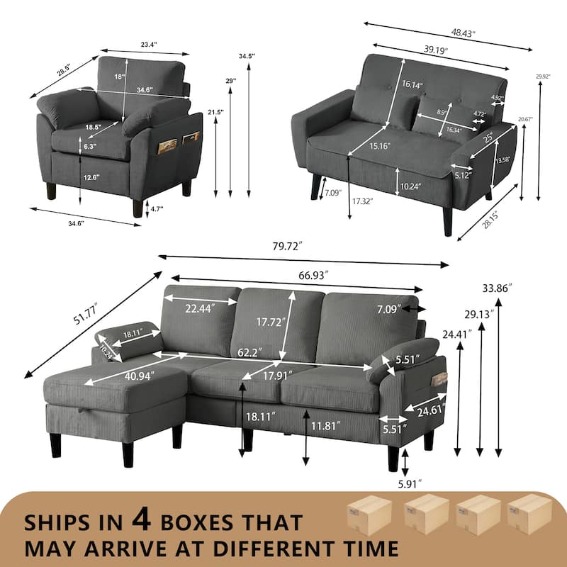 4-Piece Living Room Sectional Sofa Set with Loveseat and Chair