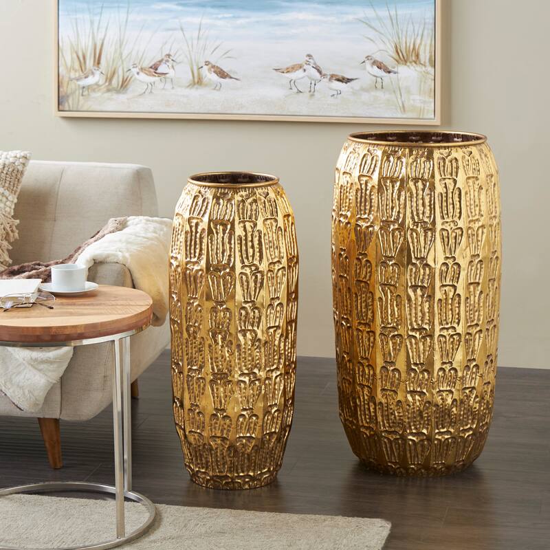 Gold Metal Tall Vase with Grooved Patterns (Set of 2) - Gold - 36", 32"H