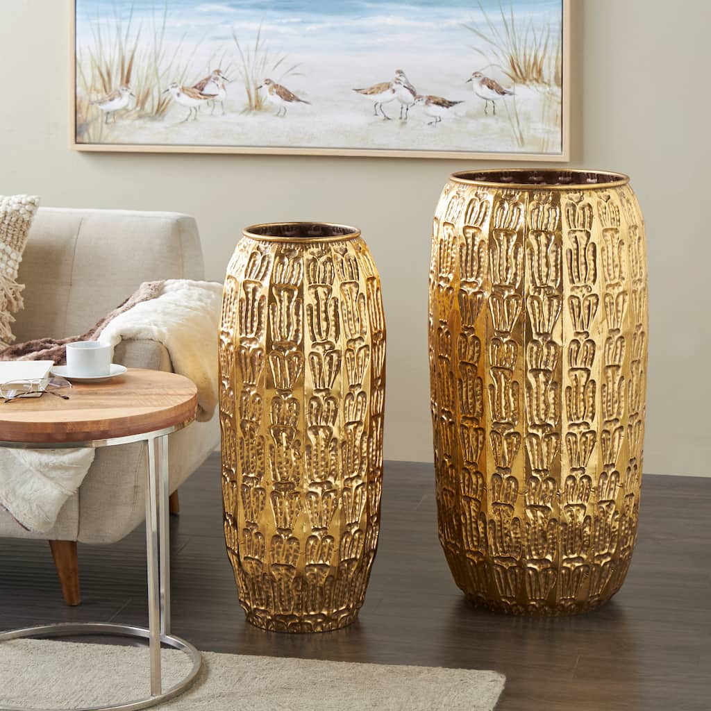 Gold Metal Tall Vase with Grooved Patterns (Set of 2)