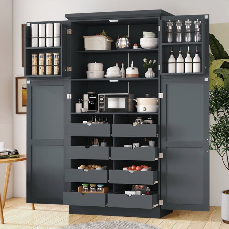 70.9"Tall Freestanding Kitchen Pantry Cabinet with Doors, Pull-out Trays and Adjustable Shelves for Organization