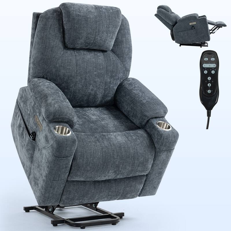 Blue Power Lift Recliner Chair with 8-Point Vibration Massage, Lumbar Heating, Dual USB Ports and Stainless Steel Cup Holders