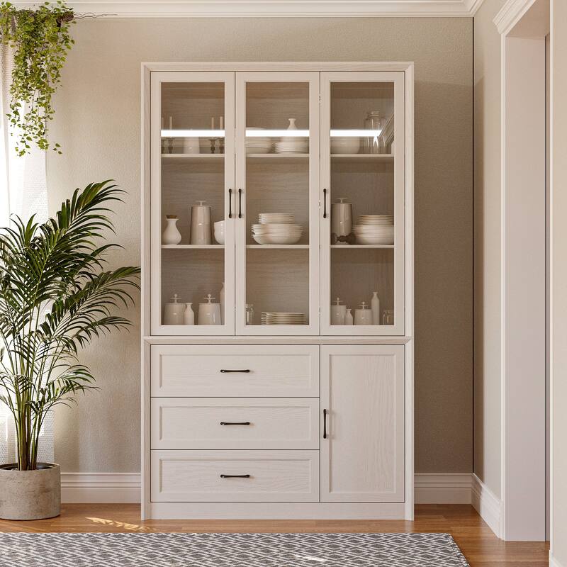 79.6"H Display Bookcase Pantry Cabinet Sideboard with Tempered Glass Doors White/Brown - White Brown