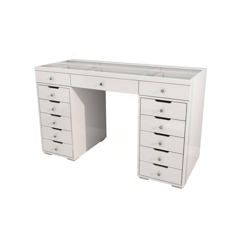 HomeRoots 51" White Glass and Wood Vanity Table With Thirteen Drawers
