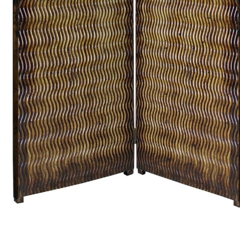 Dual Tone 3 Panel Wooden Foldable Room Divider with Wavy Design, Brown