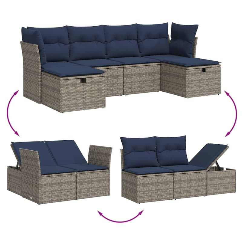 vidaXL 6 Piece Patio Sofa Set with Cushions Gray Poly Rattan - 21.7" x 24.4" x 27.2"