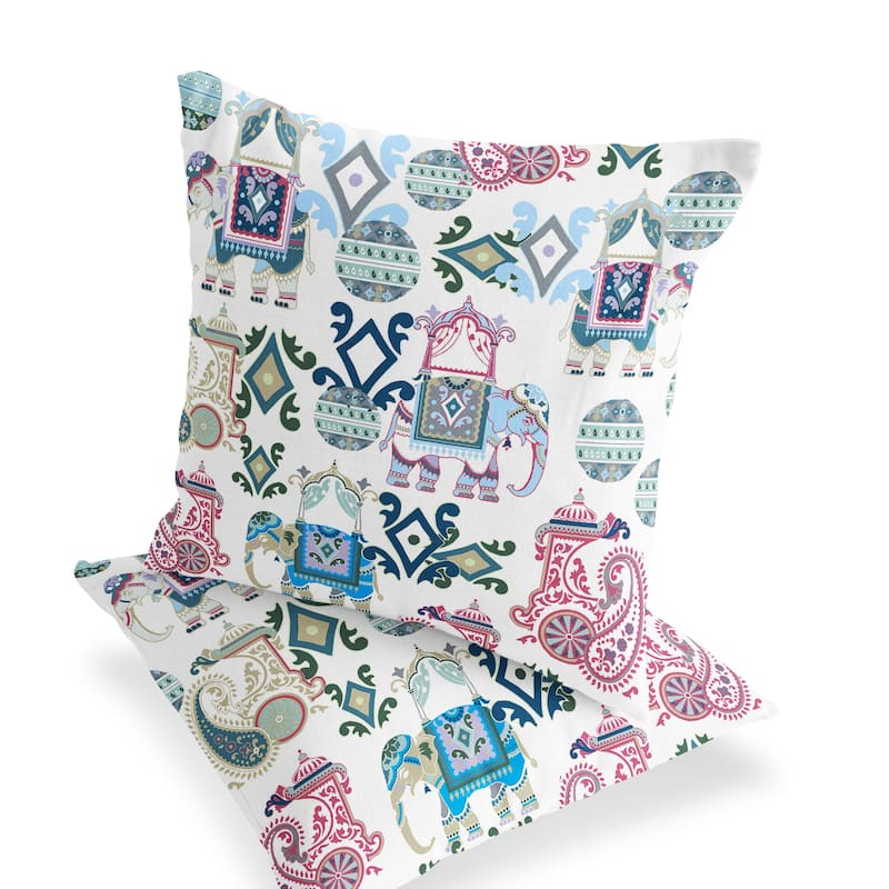 HomeRoots Set of Two 16" X 16" Pink and White Elephant Blown Seam Eclectic Indoor Outdoor Throw Pillow