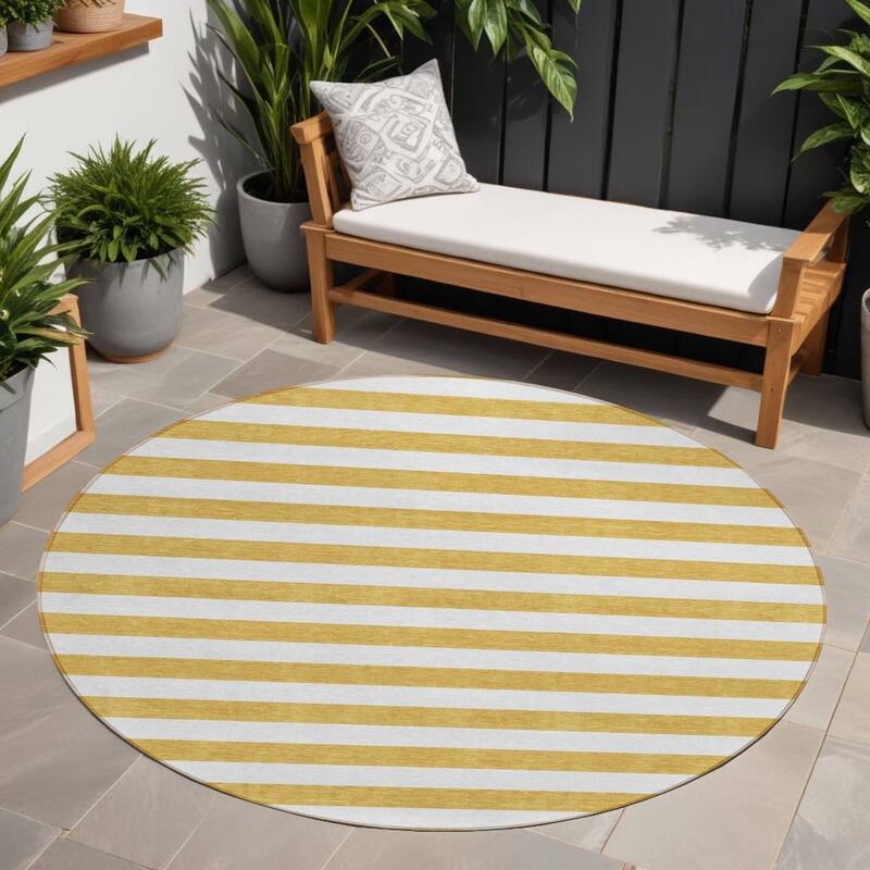 Almiro Stripe Weather Resistant Classic Meets Modern Outdoor Rug - 8' Round - Gold
