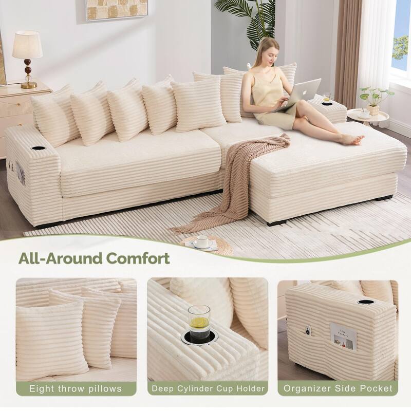 110.75" Corduroy Sectional Sofa, Convertible Sleeper Sofa Bed L-Shaped Upholstered Couch with Removable Footstool, Cup Holder