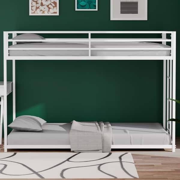 slide 2 of 9, Twin over Twin Square Metal Bunk Bed With Exchangeable Ladder White
