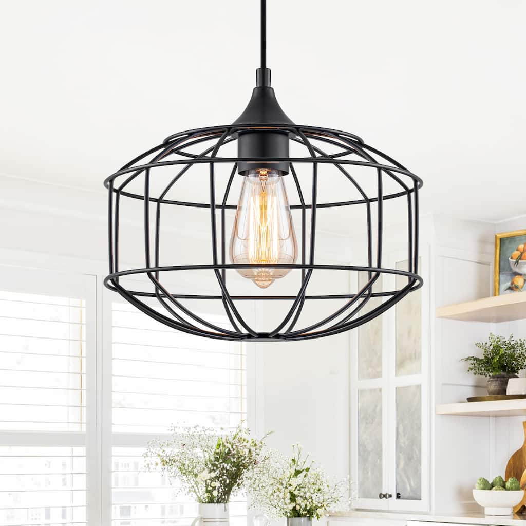 Matte Black Industrial Wire Cage Pendant Light for Kitchen & Dining - Dia.11.22-in