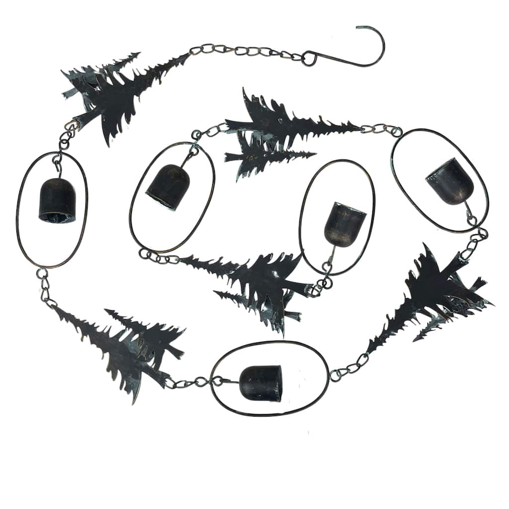 70" Metal Rain Chain - Forest Trees & Zen Bells, Aged Verdigris, 3.25" - 3.25 X 70 X 0.25 inches