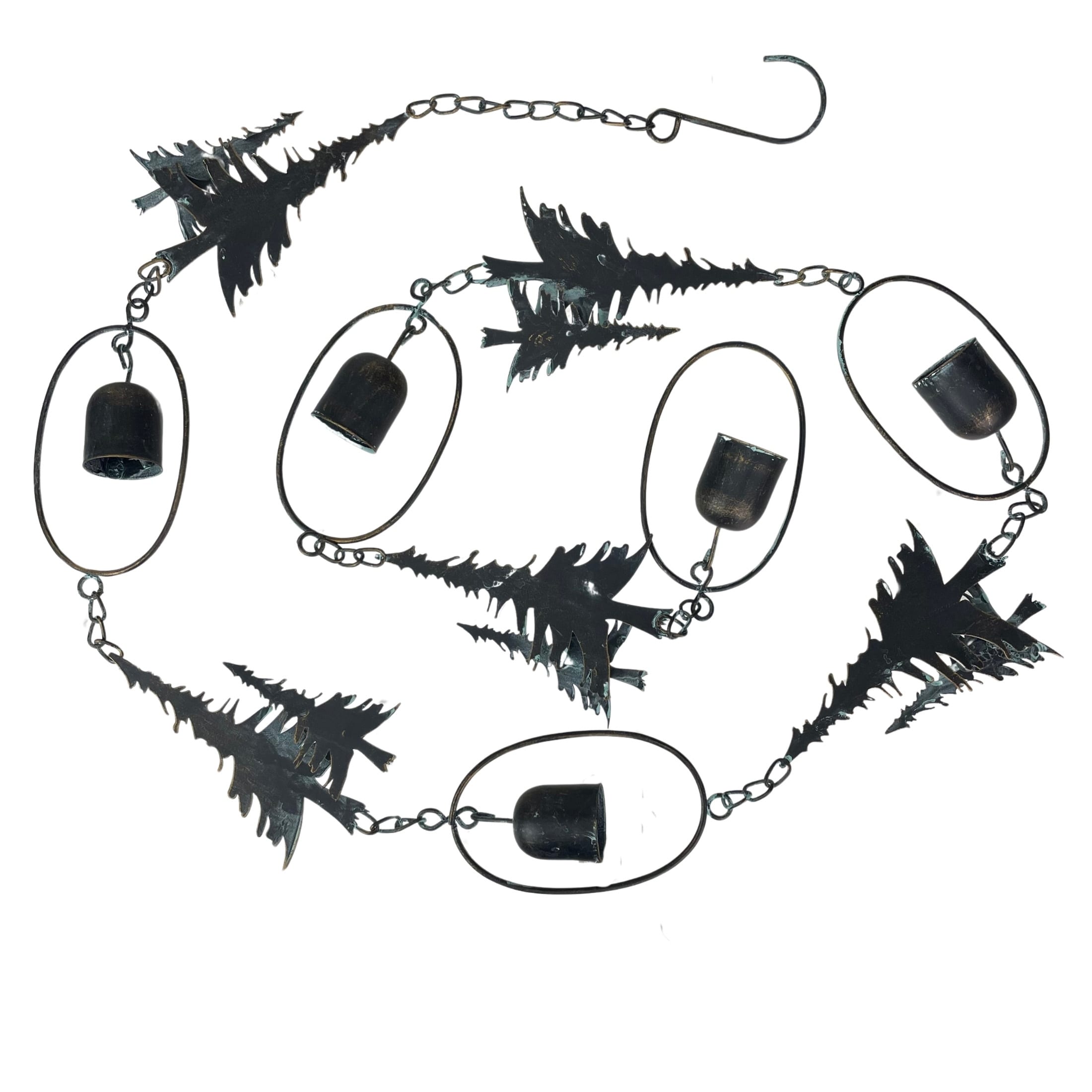 70" Metal Rain Chain - Forest Trees & Zen Bells, Aged Verdigris, 3.25" - 3.25 X 70 X 0.25 inches