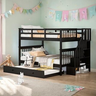 Stairway Full-Over-Full Bunk Bed with Twin Trundle - Maximized Storage, Durable Wood, & Safety Features - Espresso