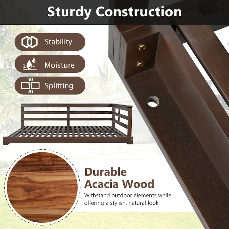 Roomfitters Outdoor Full Size Hanging Porch Swing Bed, Acacia Wood Frame with Hemp Ropes for Patio, Backyard, Garden