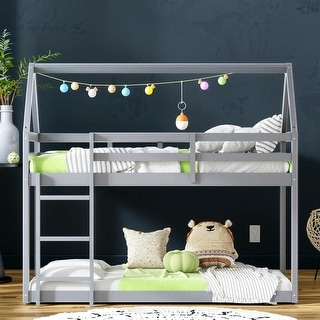 Artsy Twin over Twin Rubber Wood Floor Bunk Bed with ladder and Guardrails