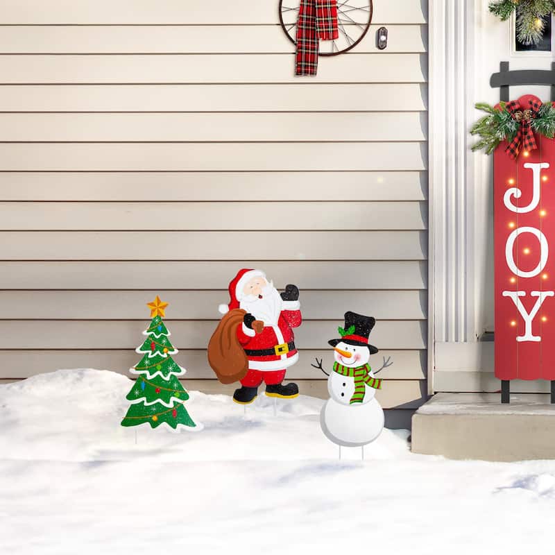 Glitzhome Set of 3 Christmas Metal Santa Snowman Tree Reindeer Candy Cane Yard Stakes Wall Decor