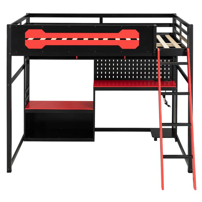 Full Size Gaming Loft Bed with Desk, Shelves, LED, USB and Pegboard