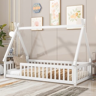 Modern Twin Size Pine Wood Tent-Shaped Floor Bed Frame, Teepee Bed with Guardrails & Slats for Kids Girls Boys, White