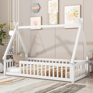 Twin Size Tent-Shaped Floor Bed with Guardrails, Teepee Design for Kids, Low Platform Frame with Slats, Easy Assembly, White