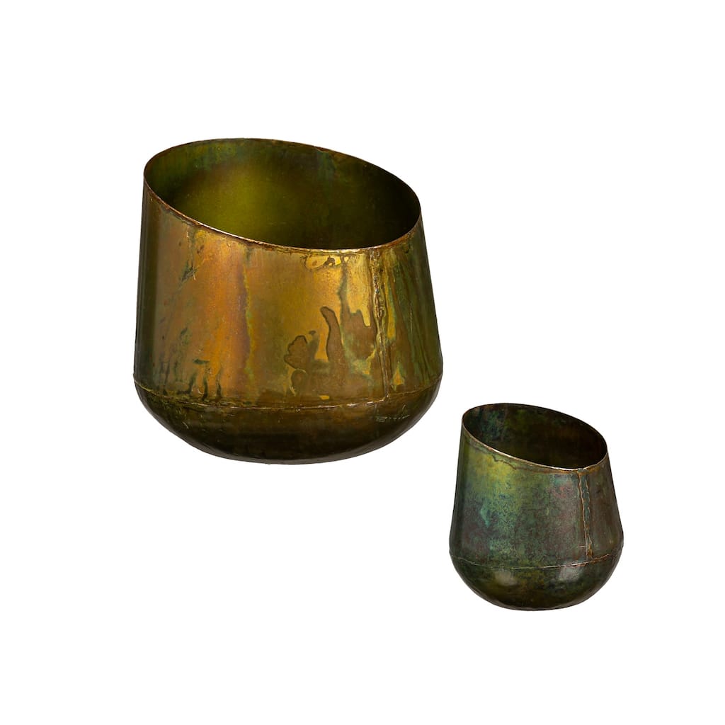 Nested Aged Brass Patina Finished Planters with Asymmetrical Top (2-Pack)