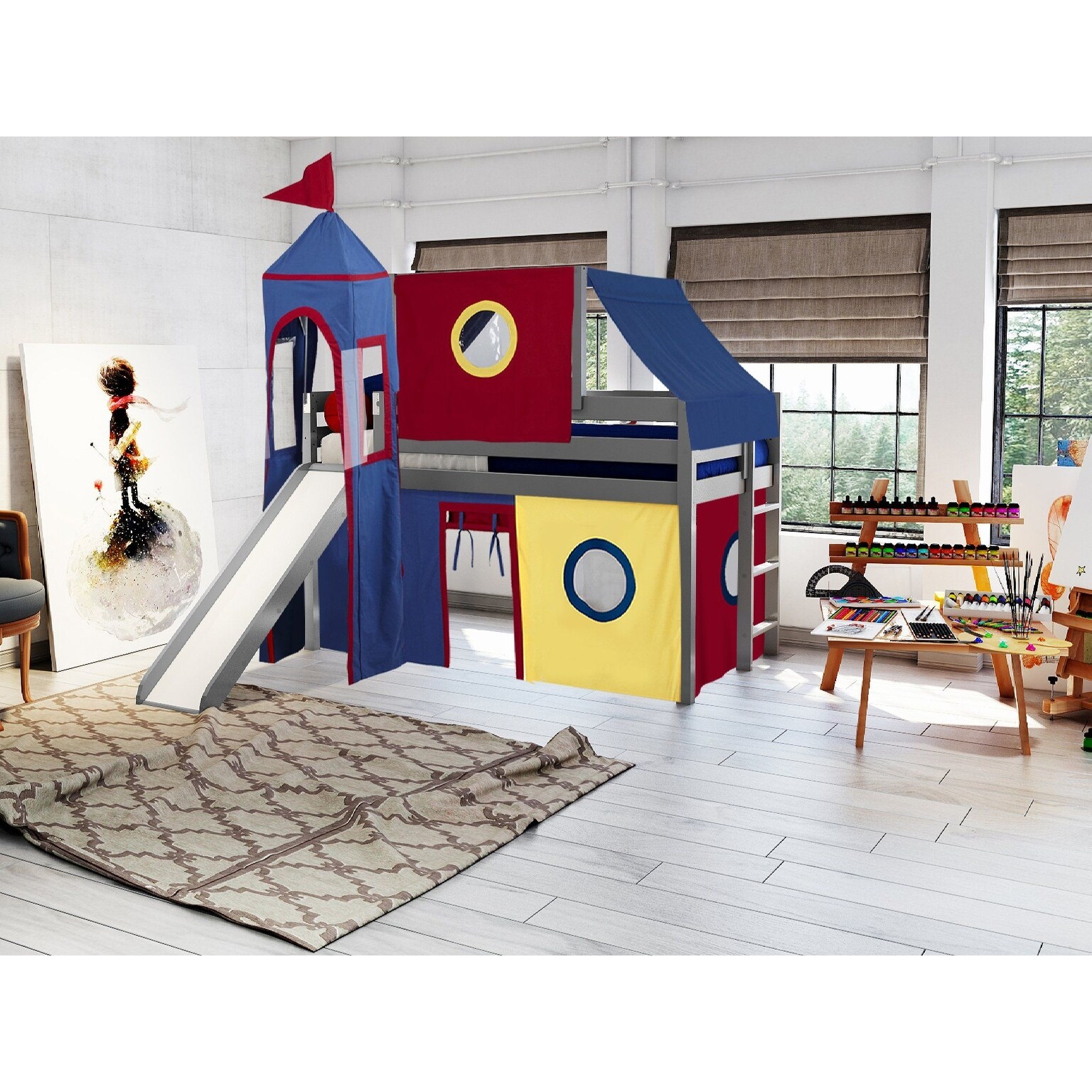 Jackpot Castle Low Loft Bed in White With Slide Red Blue Tent and Tower for sale online eBay