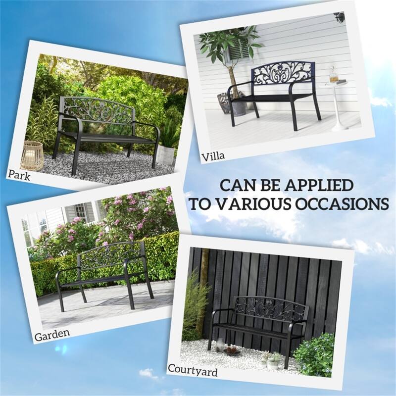 Outdoor Steel Garden Bench with Floral Backrest Two Seat Patio Seat for Yard Porch and Garden - 50" L x 23.5" W x 34.25" H