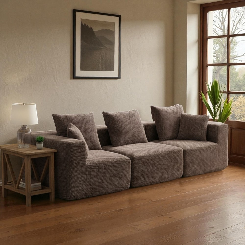 111" Oversized Modular Deep-Seat All-Foam Sectional Sofa in Soft Textured Chenille, 3-Piece Low-Profile Couch for Living Room