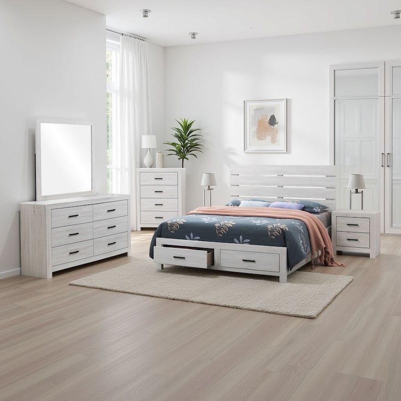Sili 5pc Queen Storage Bedroom Set, Coastal White and Bronze