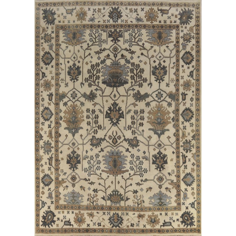 Earth Tone Oushak Area Rug Hand-Knotted Beige Floral Wool Carpet - 9'1" x 11'8"
