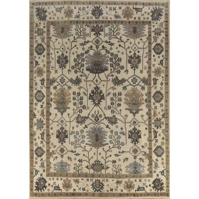 Earth Tone Oushak Area Rug Hand-Knotted Beige Floral Wool Carpet - 9'1" x 11'8"