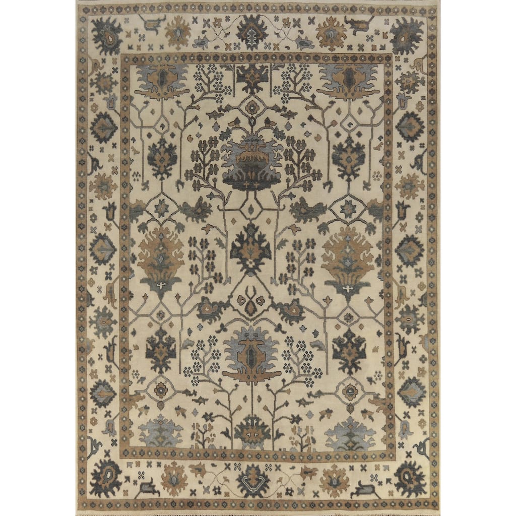 Earth Tone Oushak Area Rug Hand-Knotted Beige Floral Wool Carpet - 9'1" x 11'8"