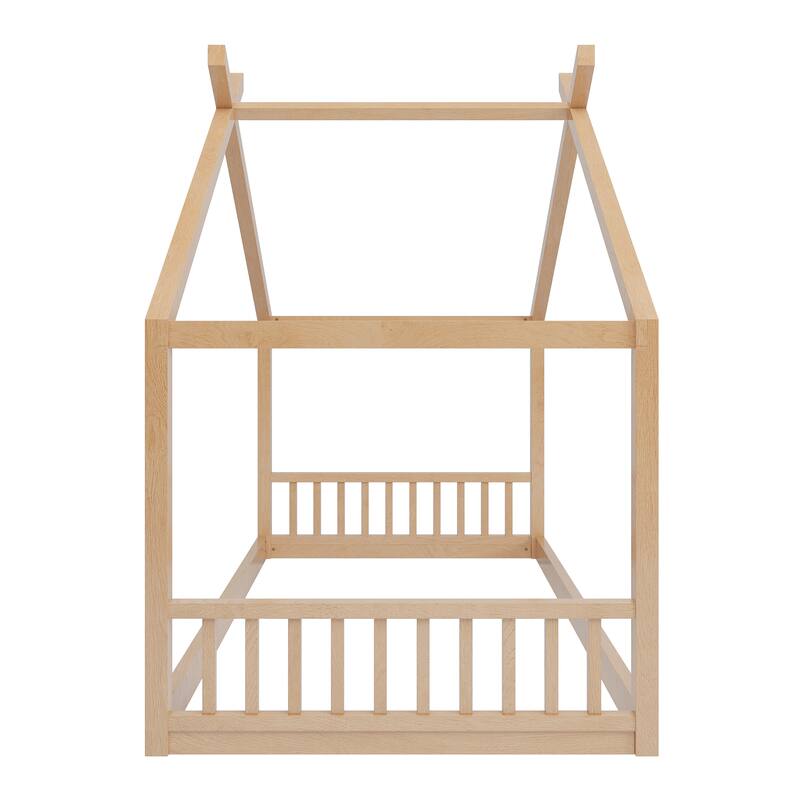 Montessori Style Wooden Floor Bed with Roof, Low Frame and Guardrails, Cozy Playhouse Look