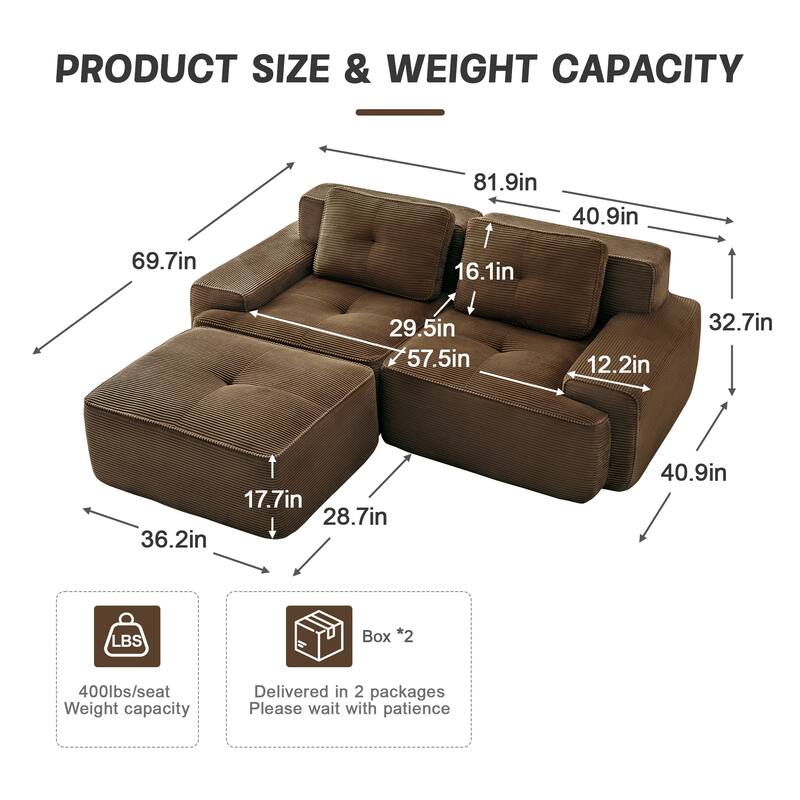 82" Tufted Sectional Sofa with Movable Ottoman, 2-Seater Corduroy Couch for Living Room, Floor Upholstered Leisure Loveseat