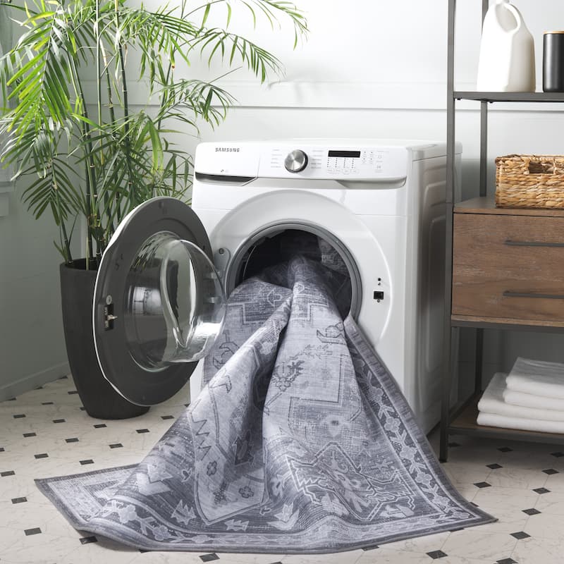 SAFAVIEH Tucson Machine Washable Slip Resistant Janeta Oriental Medallion - 9' x 12' - Grey/Light Grey - Rectangle
