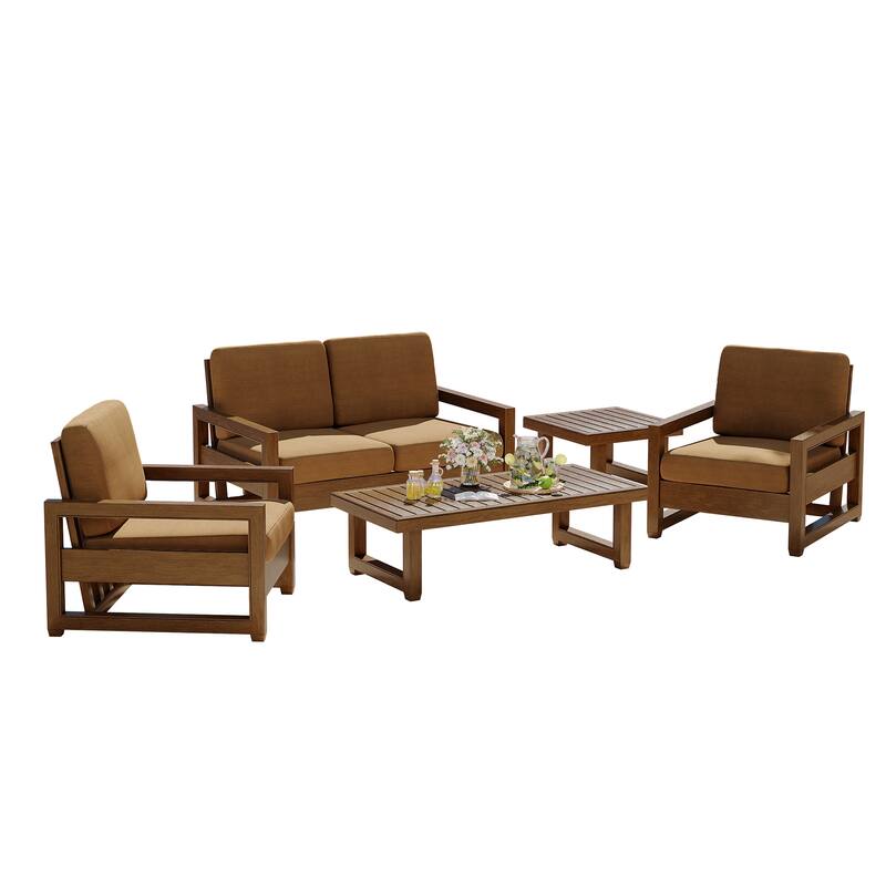 5-Piece Patio Wood Conversation Set with Loveseat, Chairs and Tables