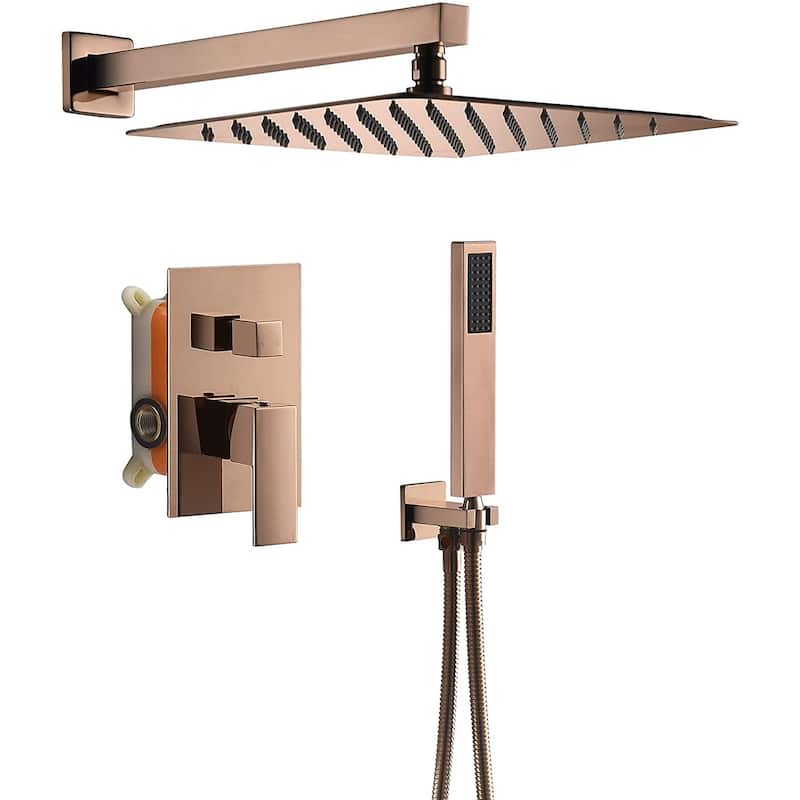 rose gold wall mount 12 inch rain head 2 way shower faucet with handle sprayer - 7'6" x 10'9"