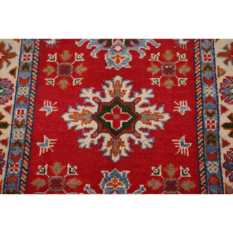 Geometric Kazak Foyer Rug Hand-Knotted Red Wool Carpet - 2'8" x 3'11"