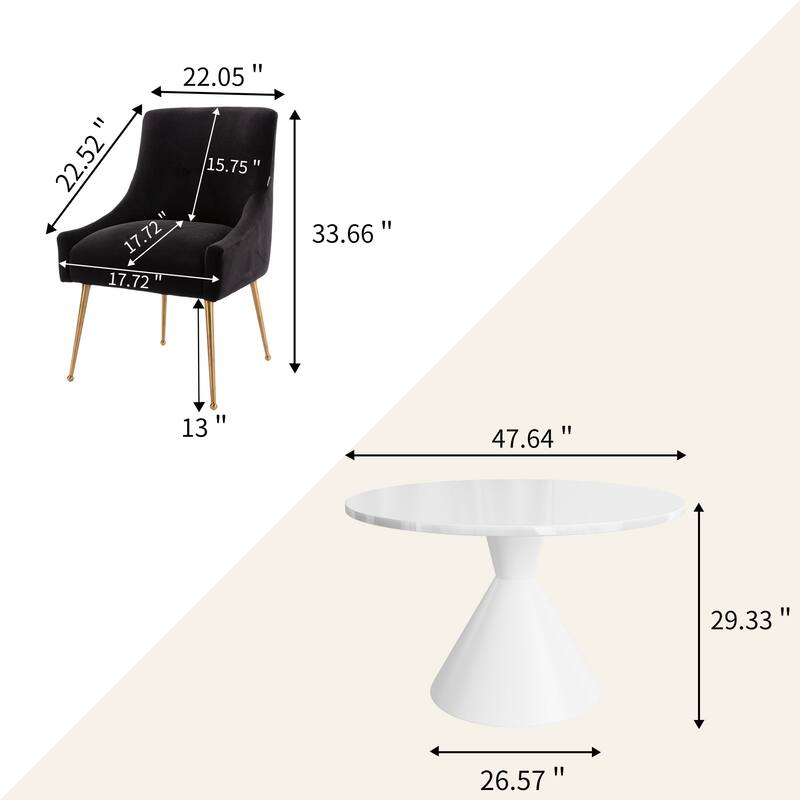 48" Light Luxury White High Gloss Large Countertop Dining Table with Velvet Dining Chair Set